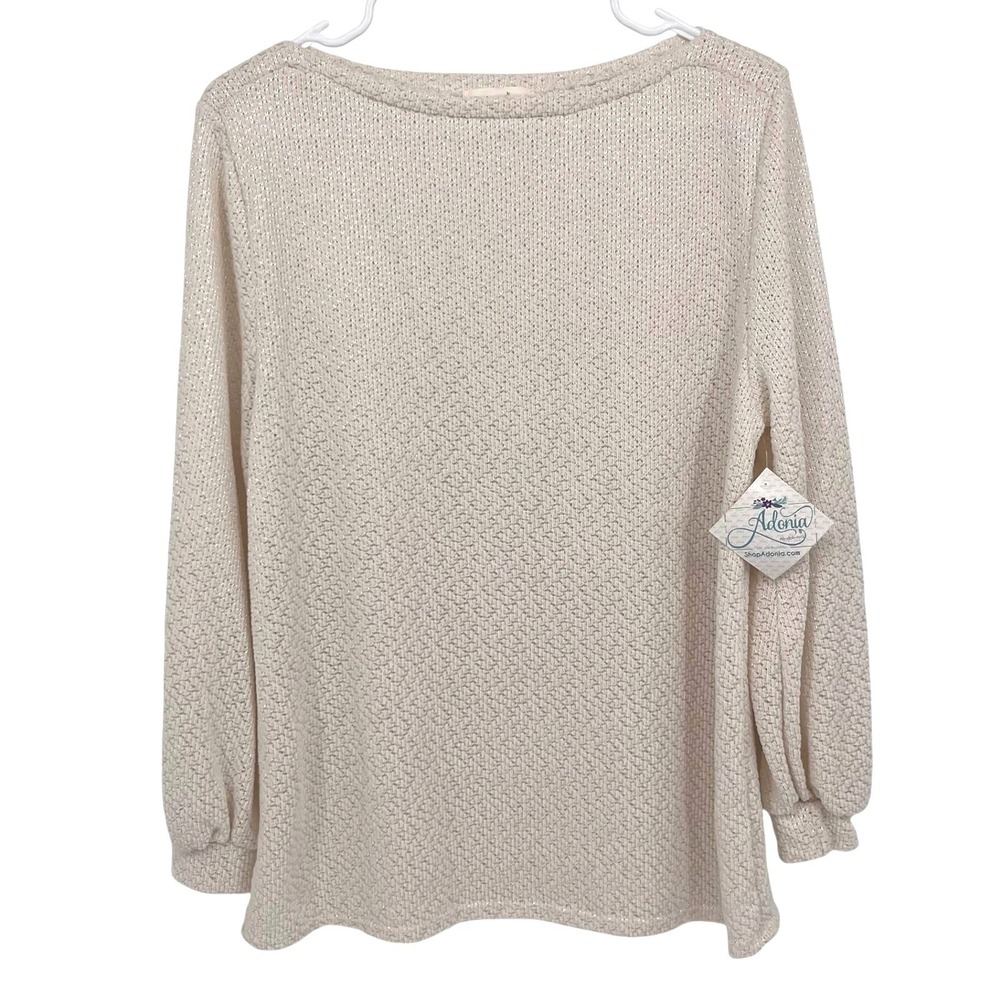 Perfect Peach Women's Sweater Top  Medium Ivory Sparkle Textured Puff Sleeve NEW